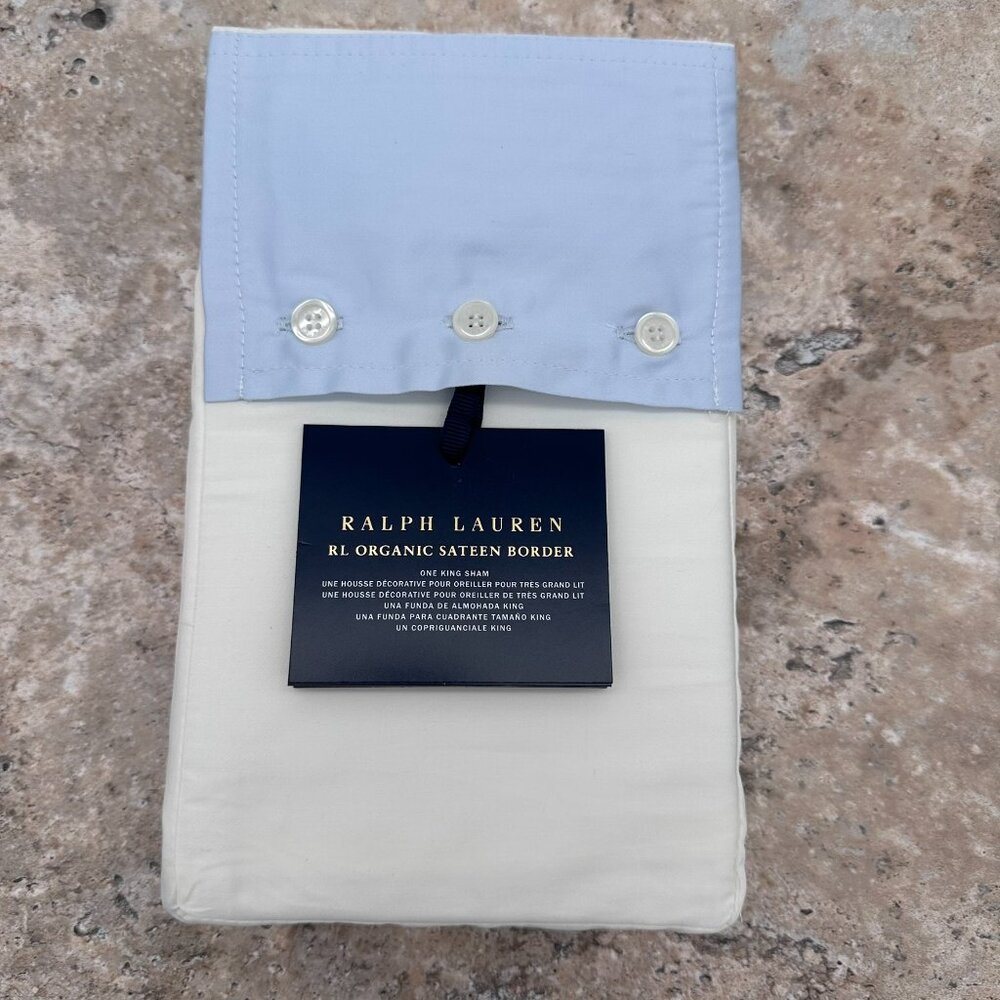 Ralph Lauren Organic Cotton Sateen Border King Size 36" x 20"‎ Sham, White/Blue